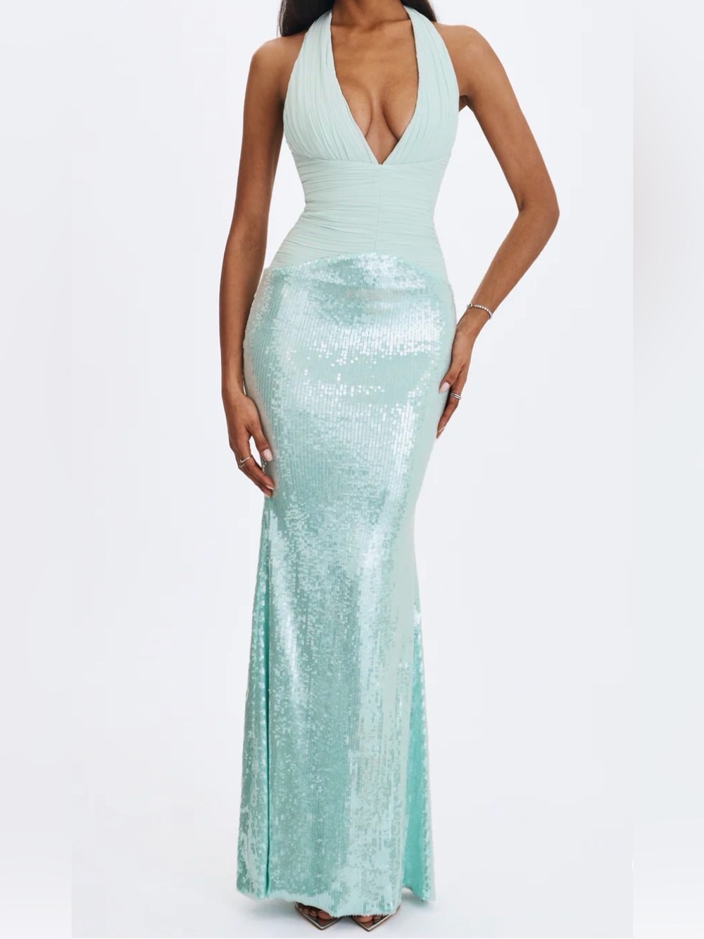 Wendale Mint Sequin Plunging Mermaid Maxi Dress